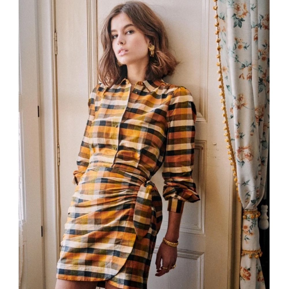 SÉZANE Jana Long Sleeves Silk Dress in Tiles Ocher